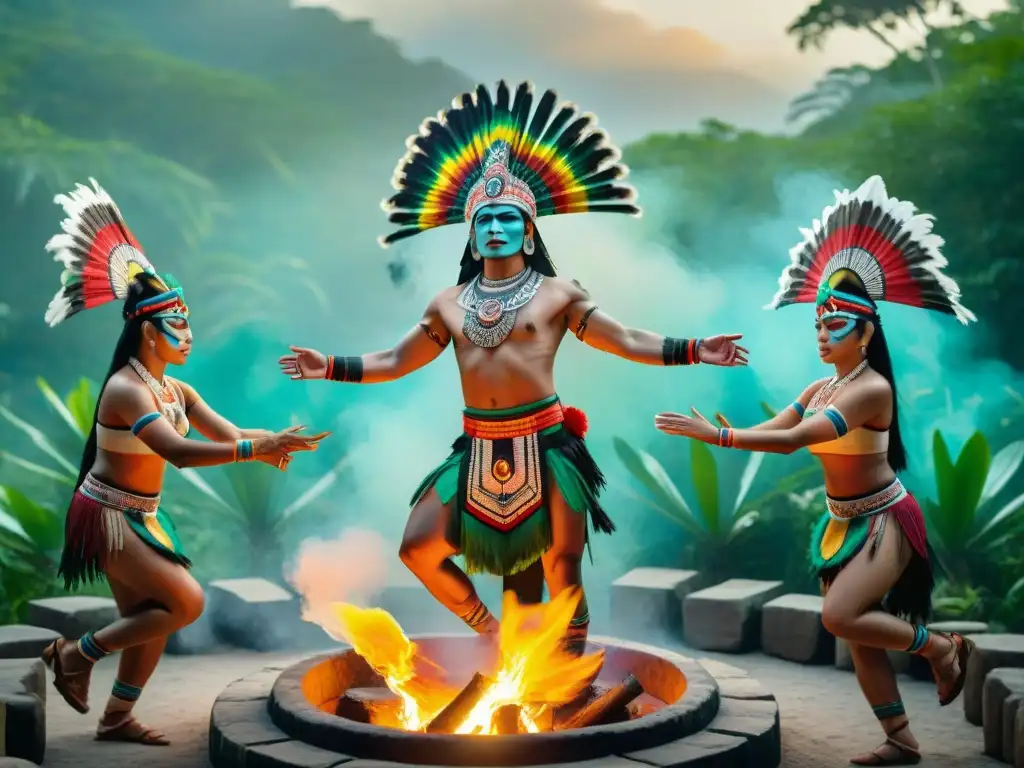 Grupo de danzantes mayas en ritual, con trajes coloridos y plumas, en la selva