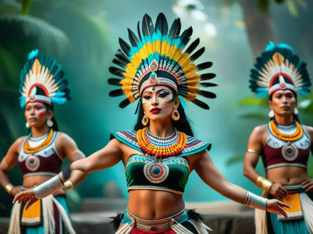 Grupo de danzantes mayas en trajes vibrantes, con patrones y plumas, realizando danzas rituales en la jungla