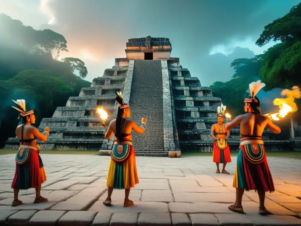 Un grupo de danzantes mayas en trajes tradicionales ejecutando un ritual con pasión y precisión en un entorno sagrado, iluminados por antorchas