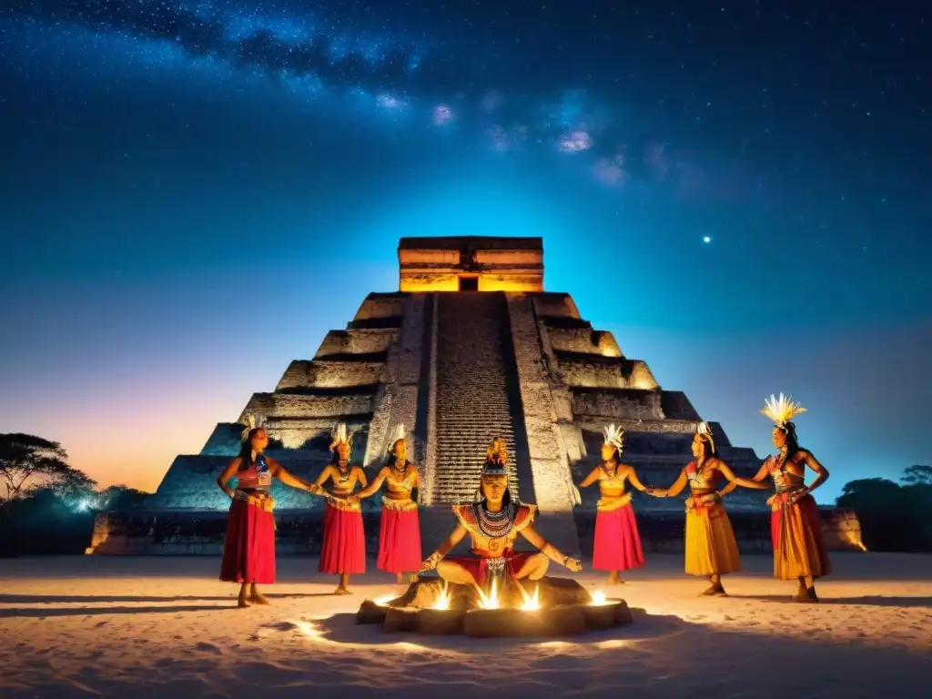 Grupo de danzas mayas en vibrantes trajes realizando un ritual sagrado bajo un cielo estrellado, con pirámides mayas de fondo