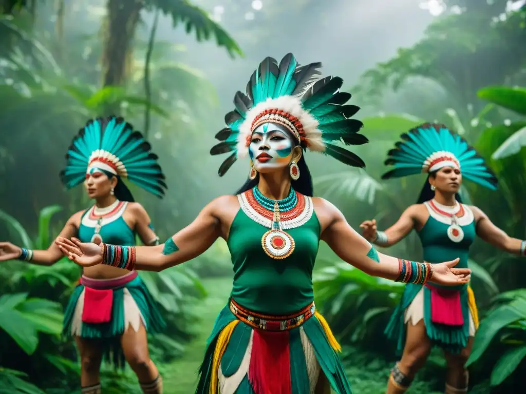 Grupo de danzas tradicionales mayas en la selva realizando un ritual sagrado con trajes coloridos