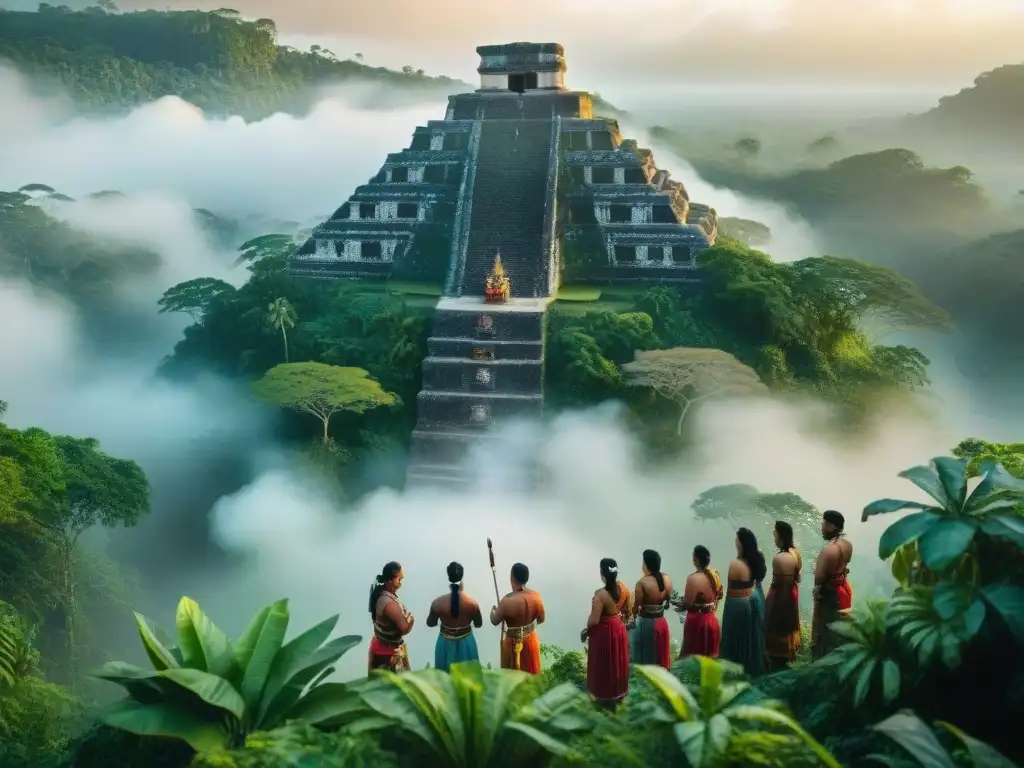 Grupo de descendientes mayas en ritual sagrado al amanecer en la selva: prácticas espirituales mayas respeto naturaleza