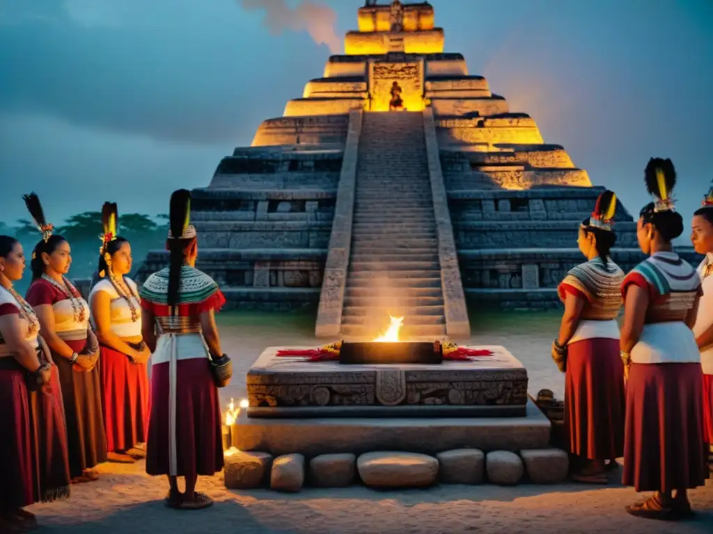 'Grupo de descendientes mayas en ritual de sacrificio funerario ante altar de piedra