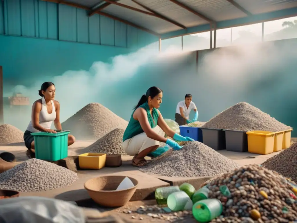 Un grupo de descendientes mayas en ropa tradicional gestionando residuos en maya en una moderna planta de reciclaje