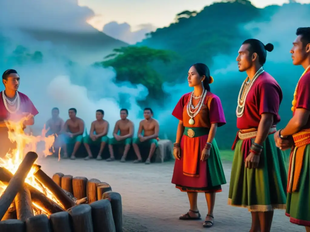 Grupo de descendientes mayas juegan tradicional juego de pelota alrededor de fogata al atardecer en Guatemala