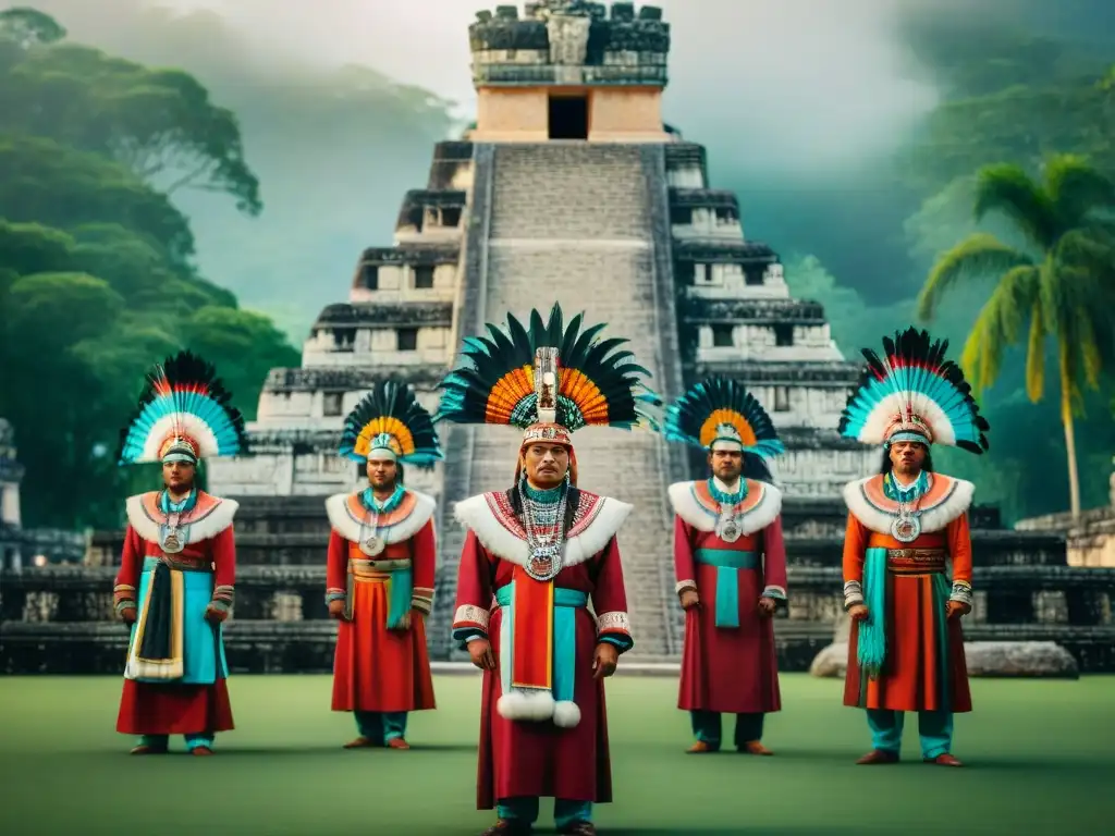 Grupo de diplomáticos mayas en ceremonia ritual frente a templo, atuendos y artefactos tradicionales