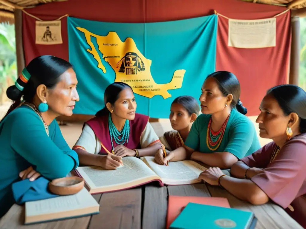 Grupo diverso de activistas de revitalización de lenguas mayas en apasionada discusión alrededor de una mesa rústica con libros y notas coloridas