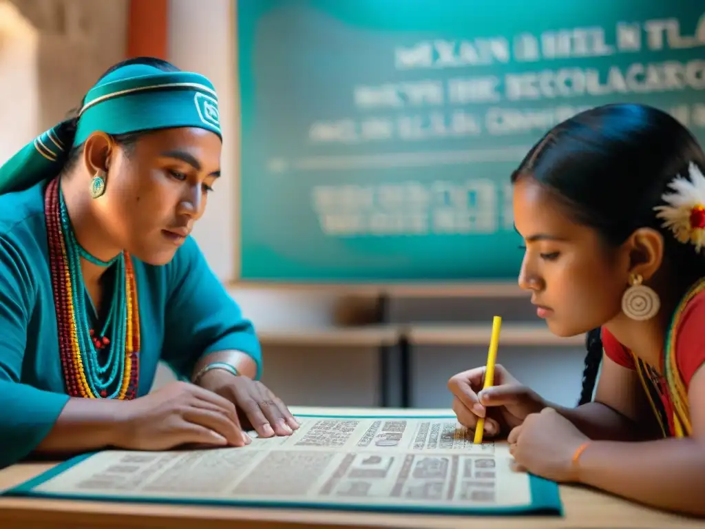 Grupo diverso de estudiantes, descendientes mayas, en taller de idiomas guiado por docente indígena