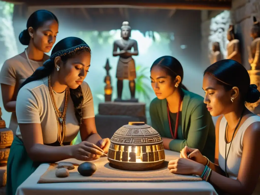 Un grupo diverso de estudiantes inmersos en un taller educativo rodeados de artefactos mayas, resaltando la atmósfera transformadora