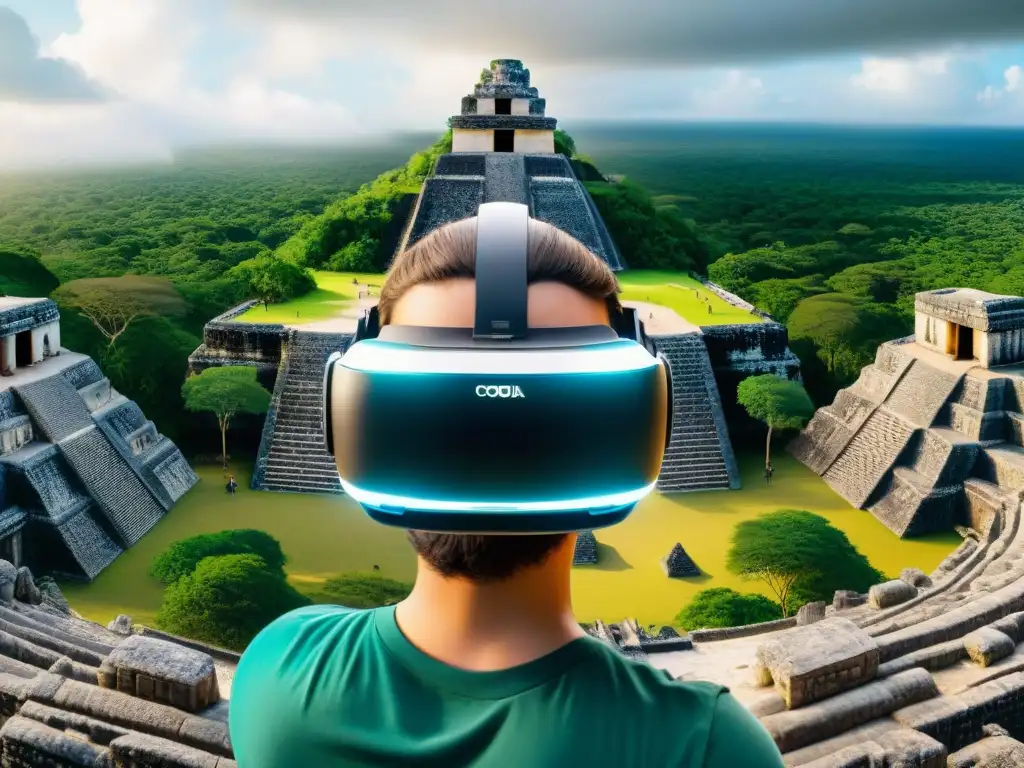 Exploración virtual de las ruinas mayas de Coba en 8k Un grupo diverso de estudiantes se sumerge en la exploración virtual de la civilización maya en Coba, cautivados por la experiencia inmersiva