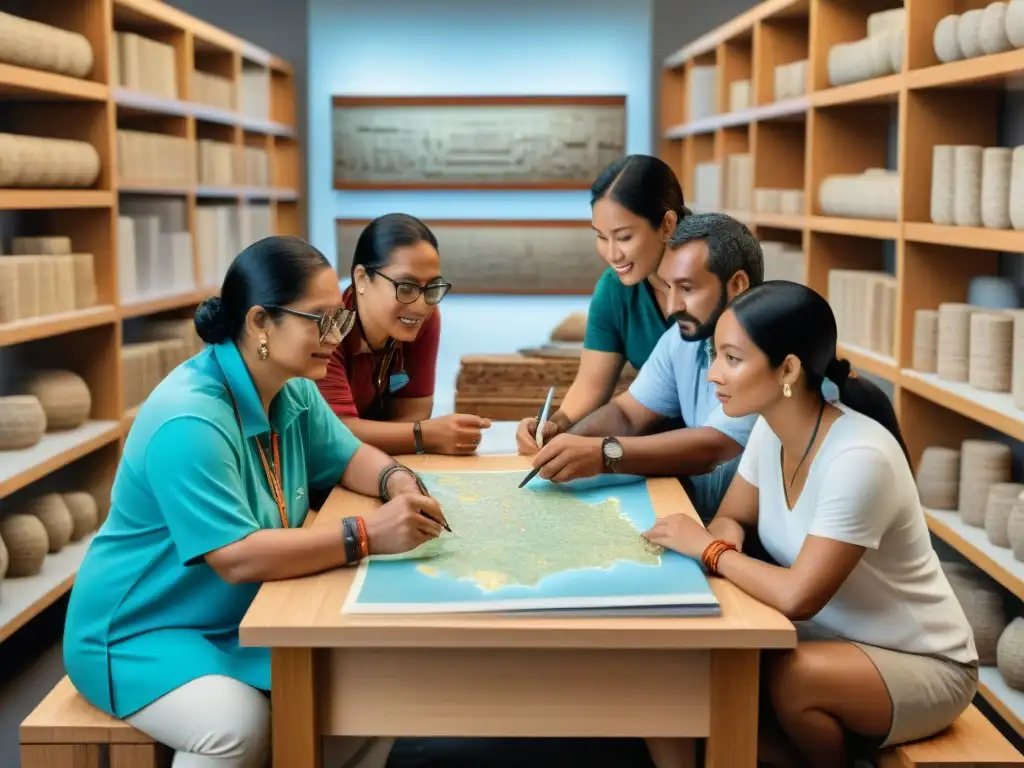 Grupo diverso de investigadores y educadores discuten y colaboran en educación arqueología maya preservación cultural