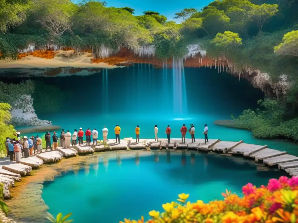 Un grupo diverso junto a un cenote sagrado, en diálogo sobre su importancia cultural y prácticas turísticas sostenibles