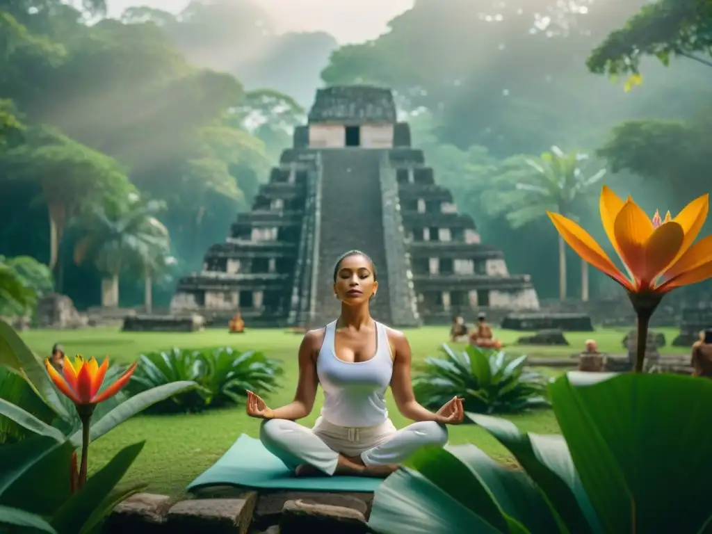 Un grupo diverso practica yoga y meditación en Maya, guiados por un sabio instructor entre ruinas ancestrales y exuberante naturaleza