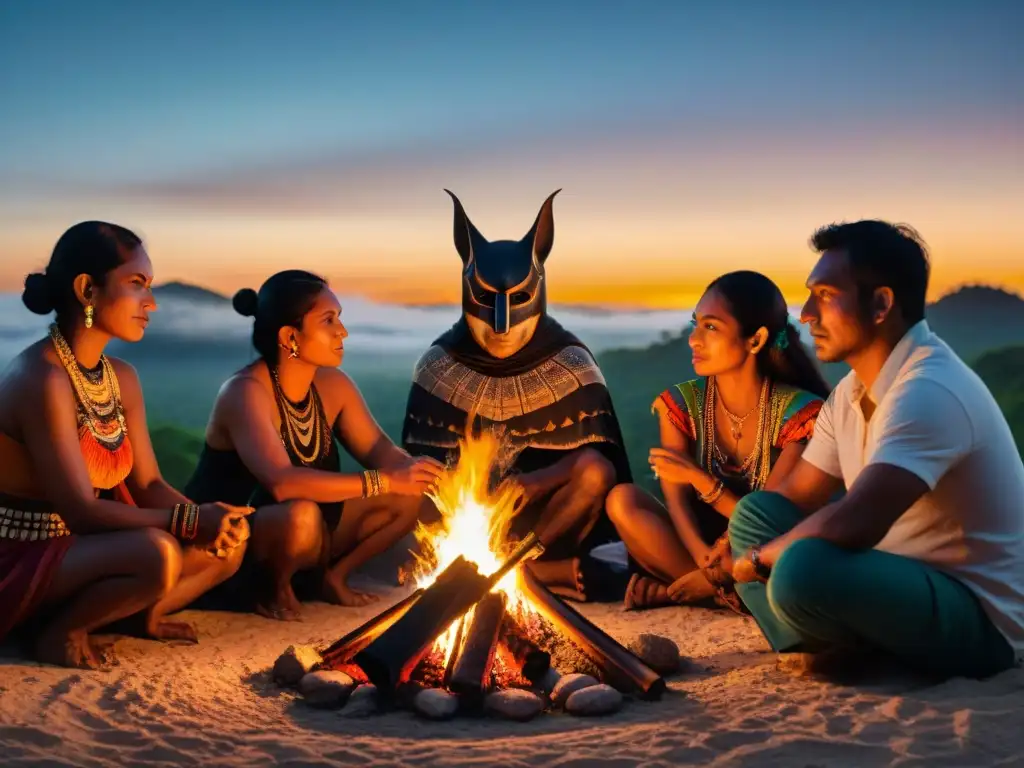 Grupo diverso de Mayas escuchando historias nocturnas de murciélagos, reflejando cosmovisión Maya Murciélagos Noche Guardia