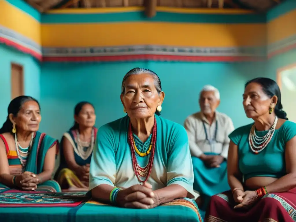 Grupo diverso en taller de revitalización de lenguas mayas en centro comunitario vibrante