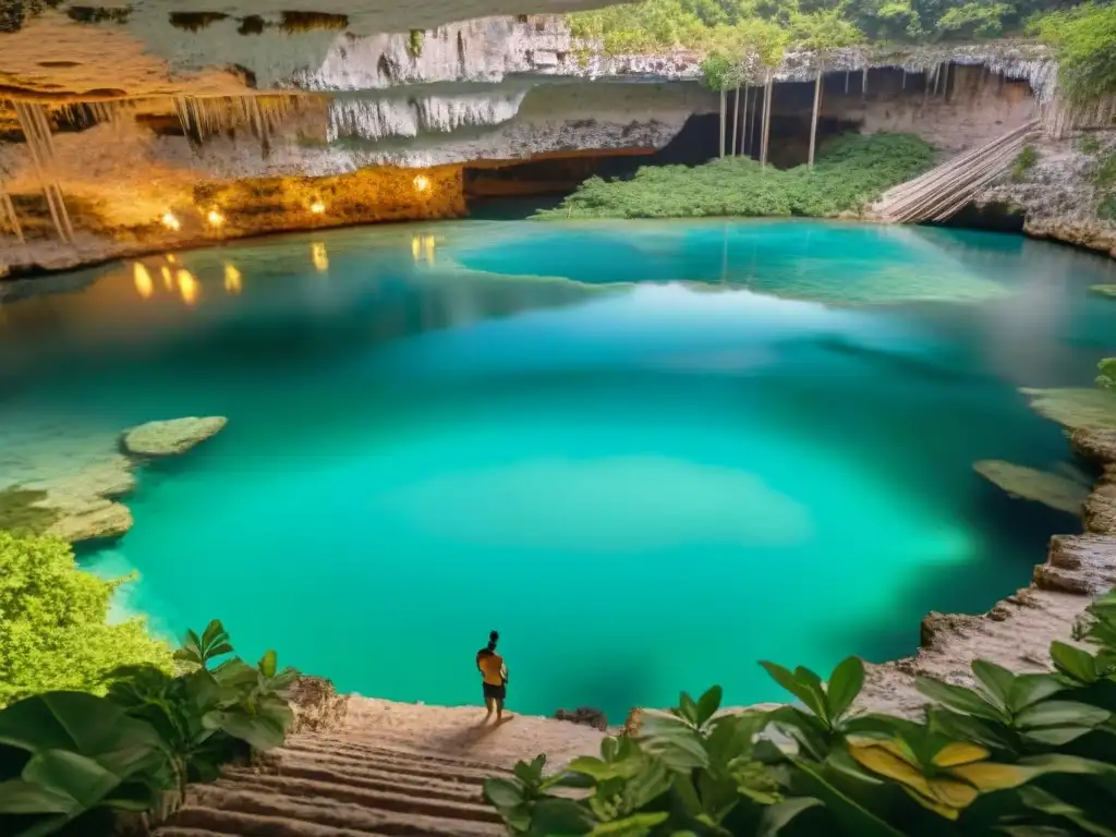 Un grupo diverso de turistas explora respetuosamente un cenote subterráneo en la Península de Yucatán, mostrando su belleza natural