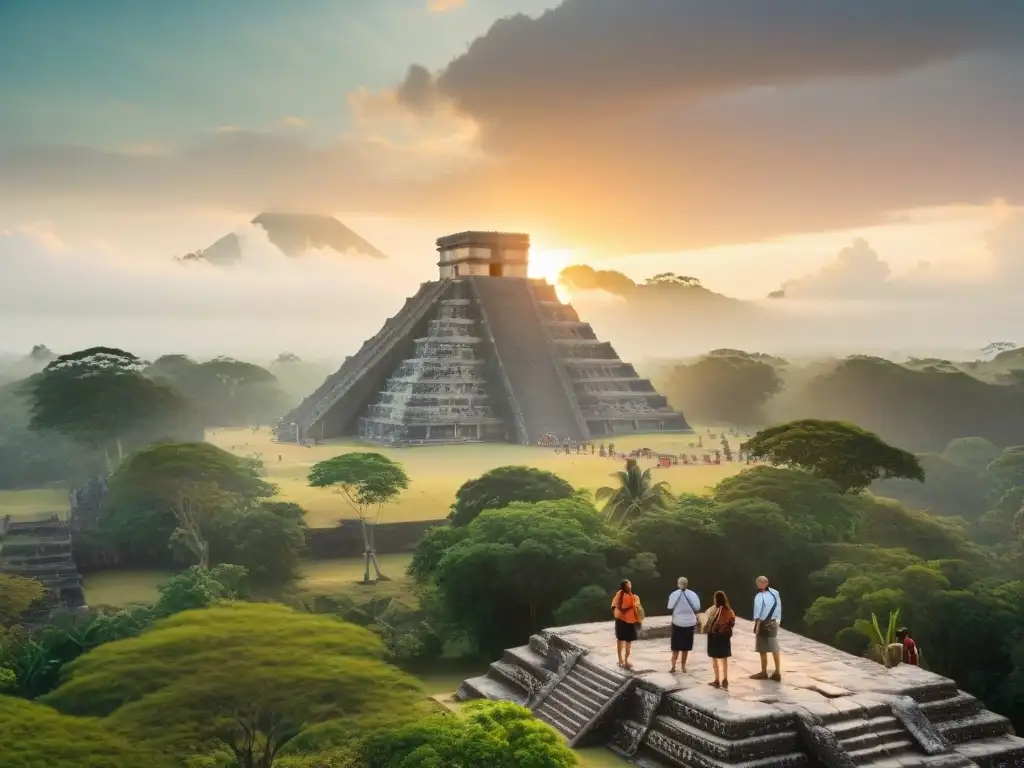 Un grupo diverso de turistas admira la majestuosa pirámide maya al amanecer, en un ejemplo de turismo sustentable en sitios arqueológicos mayas