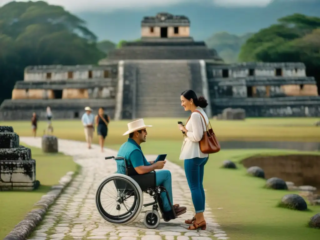 Exploración inclusiva: turismo accesible en ruinas mayas Un grupo diverso de turistas con necesidades de accesibilidad explorando ruinas mayas, destacando la inclusión y el turismo accesible