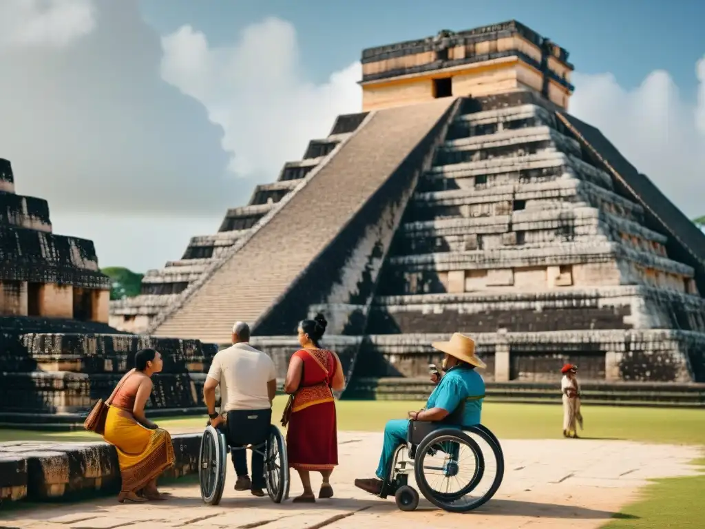 Exploración inclusiva: turistas diversos y accesibilidad en ruinas mayas Un grupo diverso de turistas, incluyendo personas con discapacidad, explorando ruinas mayas