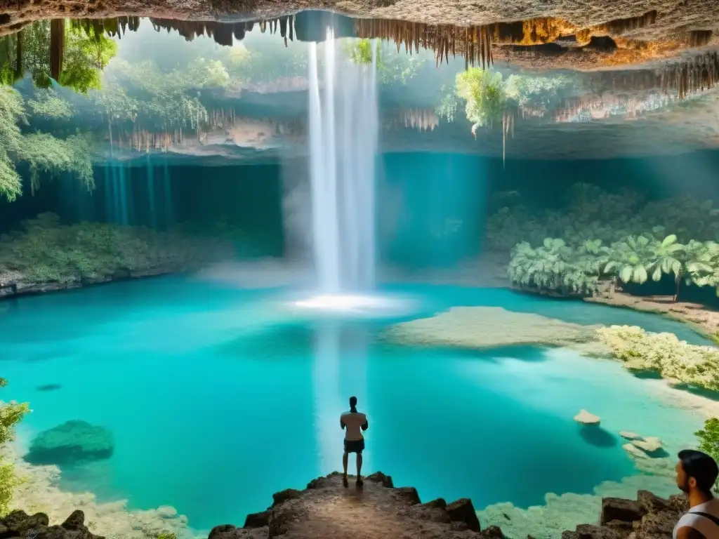 Grupo diverso de viajeros explorando respetuosamente un cenote en la Península de Yucatán