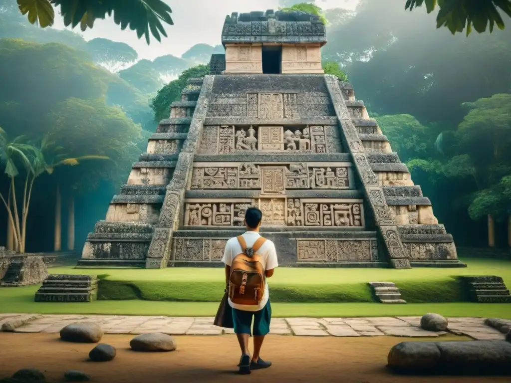 Grupo de eruditos y estudiantes Mayas modernos reunidos alrededor de un antiguo glifo