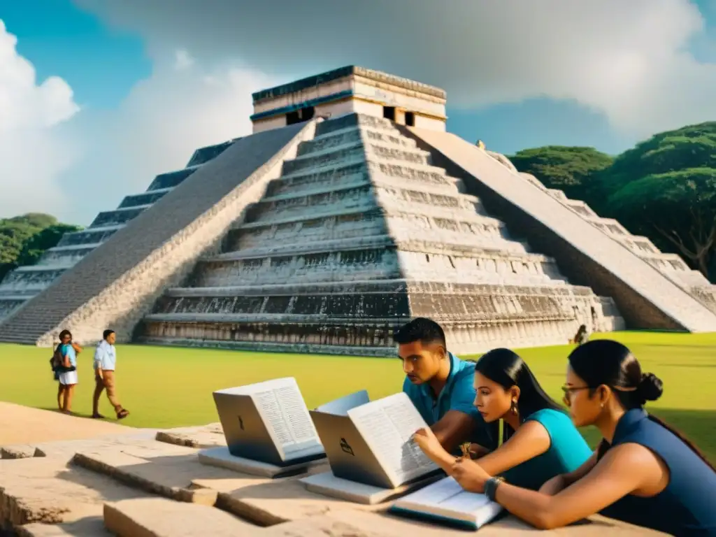 Grupo de eruditos descifrando jeroglíficos mayas junto a ruinas antiguas, usando tecnología moderna