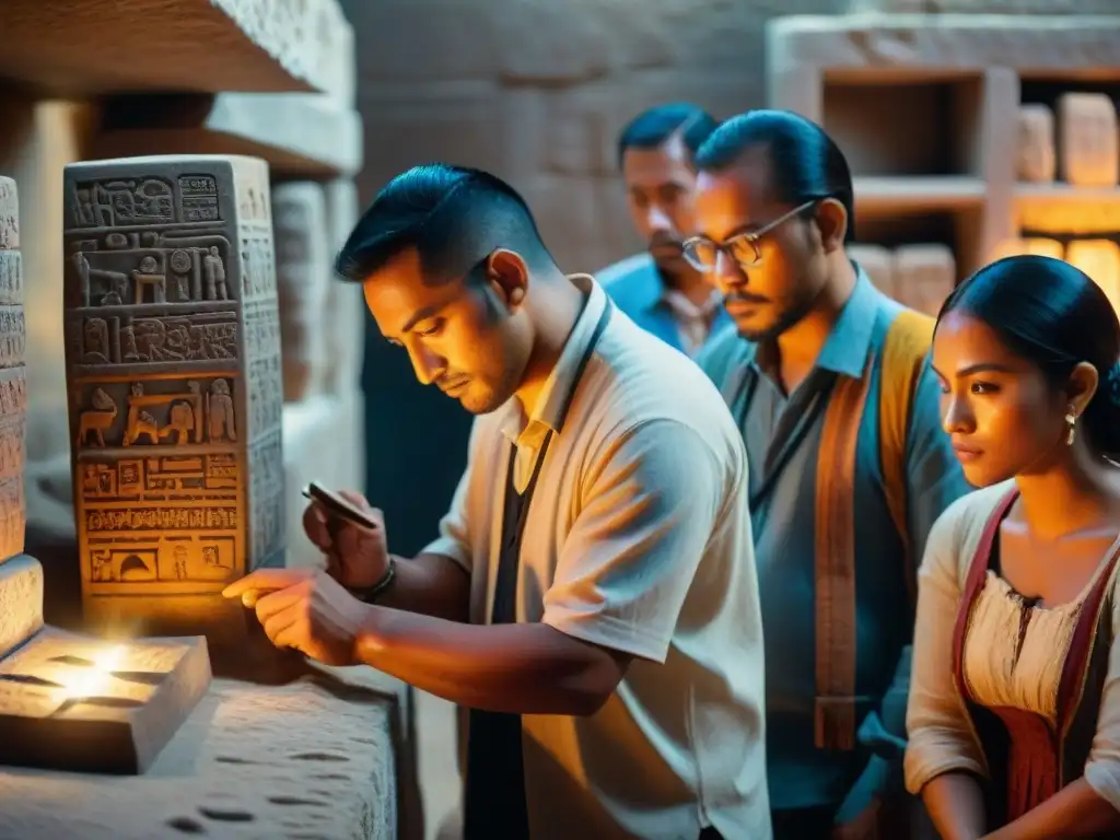 Grupo de eruditos mayas modernos preservando la escritura antigua en una sala iluminada por antiguos manuscritos