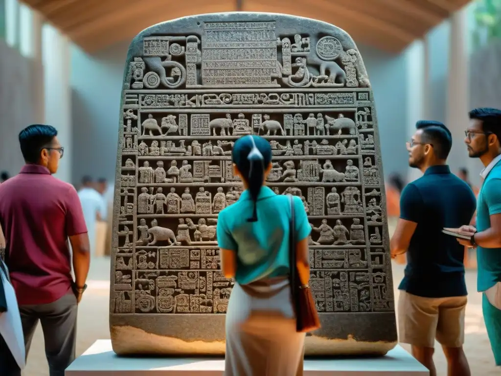 Grupo de eruditos analizando el significado del calendario maya en una estela de piedra