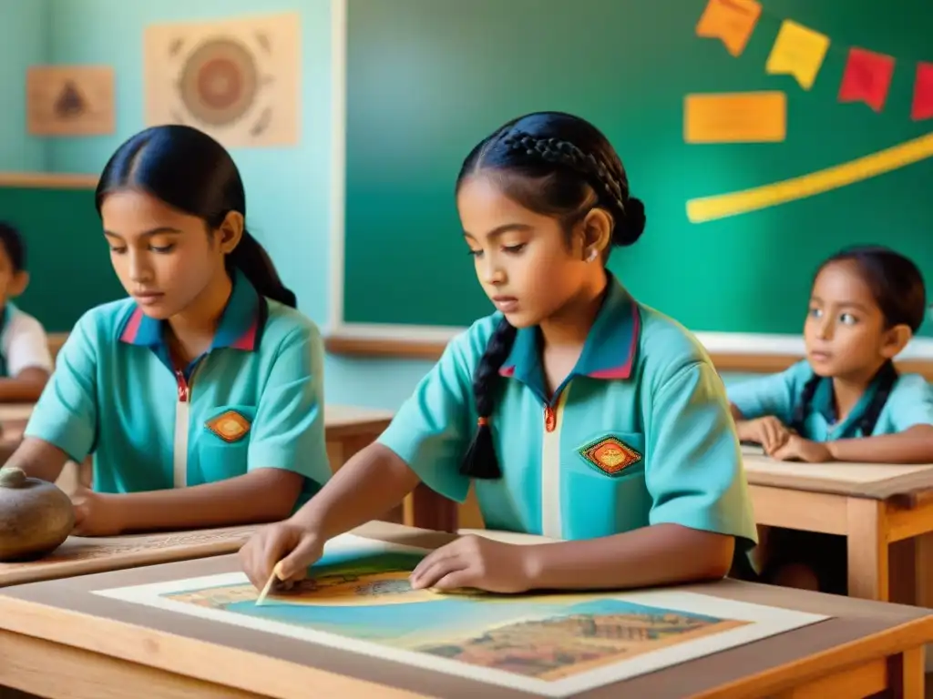 Grupo de escolares explorando material didáctico de la cultura maya en aula vibrante