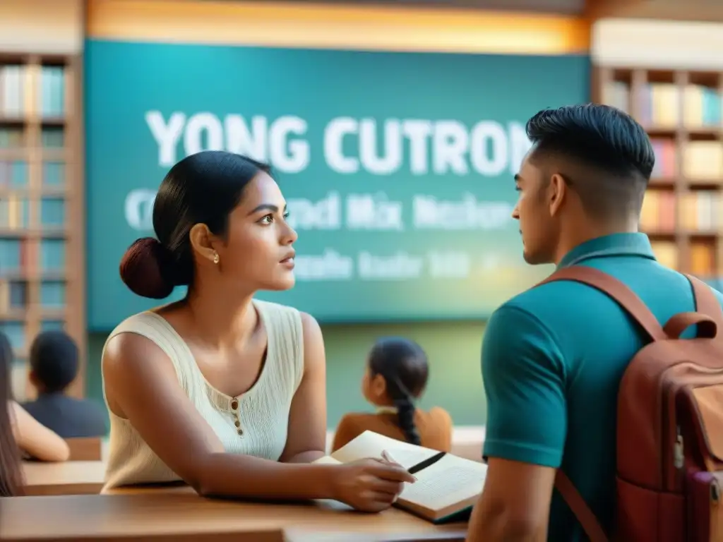 Grupo de estudiantes atentos aprendiendo sobre la cultura maya con material didáctico colorido en aula vibrante