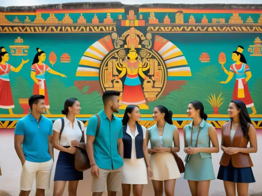 Un grupo de estudiantes contemporáneos en asombro frente a los vibrantes murales mayas de Bonampak, fusionando educación cultural