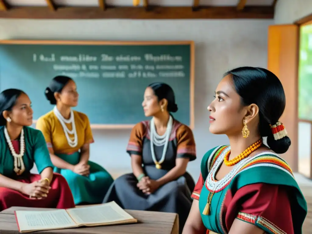 Grupo de jóvenes estudiantes mayas en aula colorida, integrando lengua y cultura maya en educación moderna