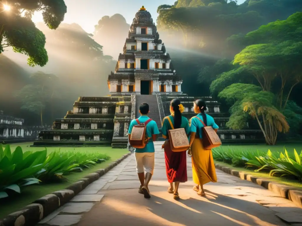 Un grupo de jóvenes estudiantes mayas caminan entre la exuberante selva hacia ruinas de un templo antiguo, en un ritual de peregrinación educativo