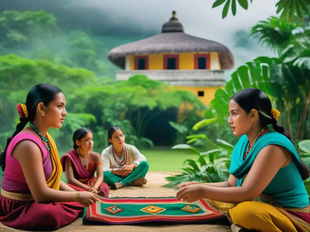 Grupo de jóvenes estudiantes mayas participando en lección de lenguas al aire libre, rodeados de naturaleza y arquitectura tradicional