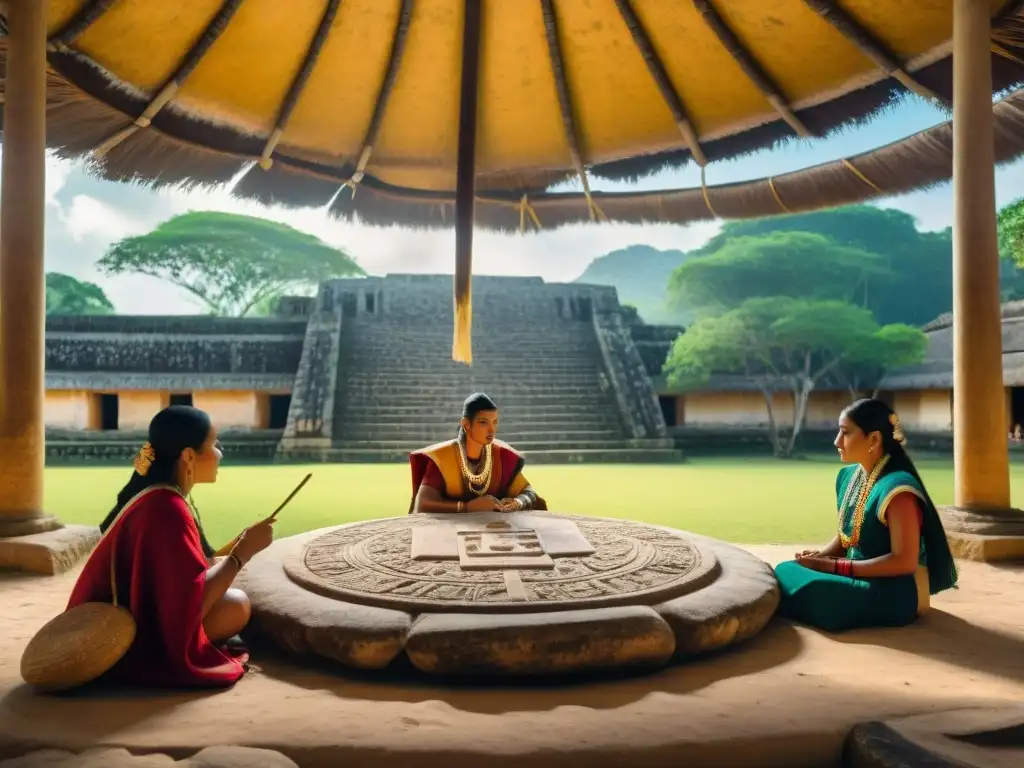 Enseñanza maya milenaria en Uxmal Grupo de estudiantes mayas bajo una palapa en Uxmal, aprendiendo de un anciano entre jeroglíficos