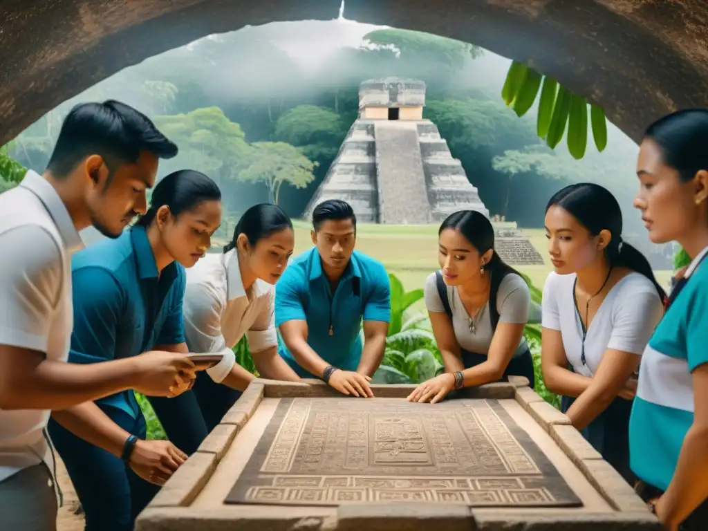 Grupo de estudiantes y turistas en sitio arqueológico maya, guiados por experto en códices mayas educación turismo cultural