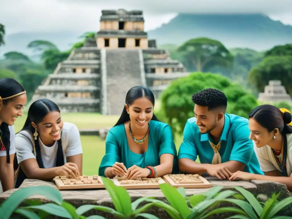 Un grupo de estudiantes en vestimenta maya, concentrados y entusiastas, participan en gamificación educativa en ruinas mayas