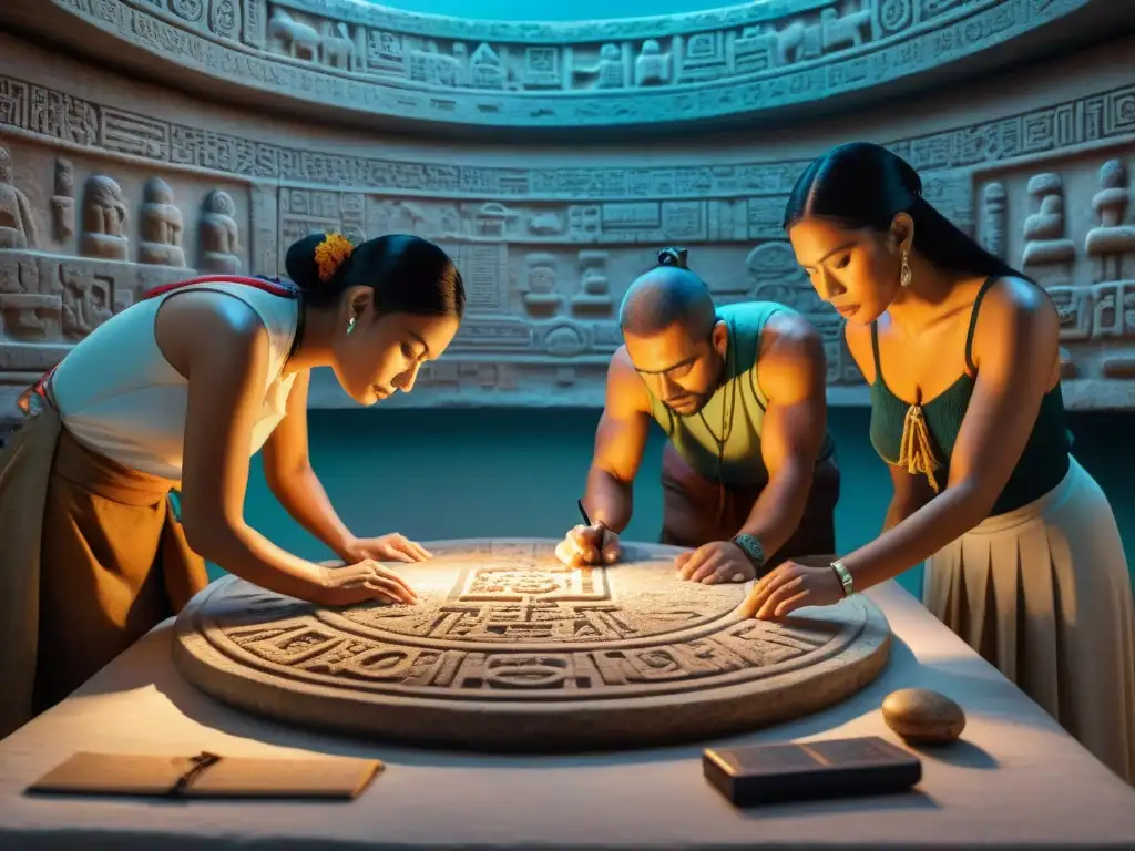 Un grupo de estudiosos mayas y arqueólogos restaurando glifos antiguos con técnicas modernas en una sala llena de artefactos históricos