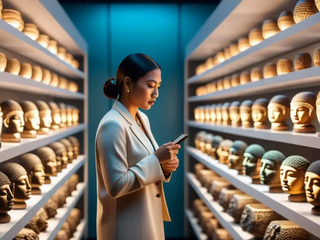 Grupo de expertos en arte maya analizando una pieza única bajo luces de museo, reflejando la inversión en arte maya