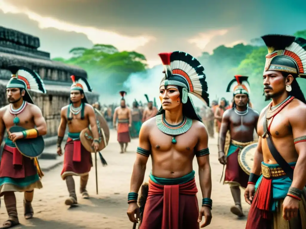 Grupo de guerreros cautivos mayas en mercado, reflejando rol sociedad y guerra