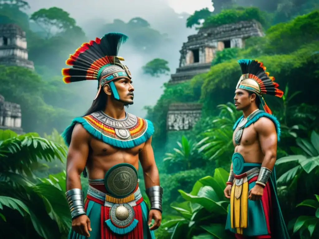 Un grupo de guerreros mayas con atuendos simbólicos en la jungla, reflejando el significado de los atuendos guerreros mayas