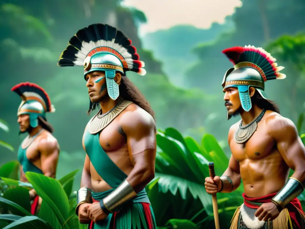 Entrenamiento de guerreros mayas en la jungla: determinación ancestral Un grupo de guerreros mayas entrenan estrategias de combate en la selva, demostrando determinación y disciplina