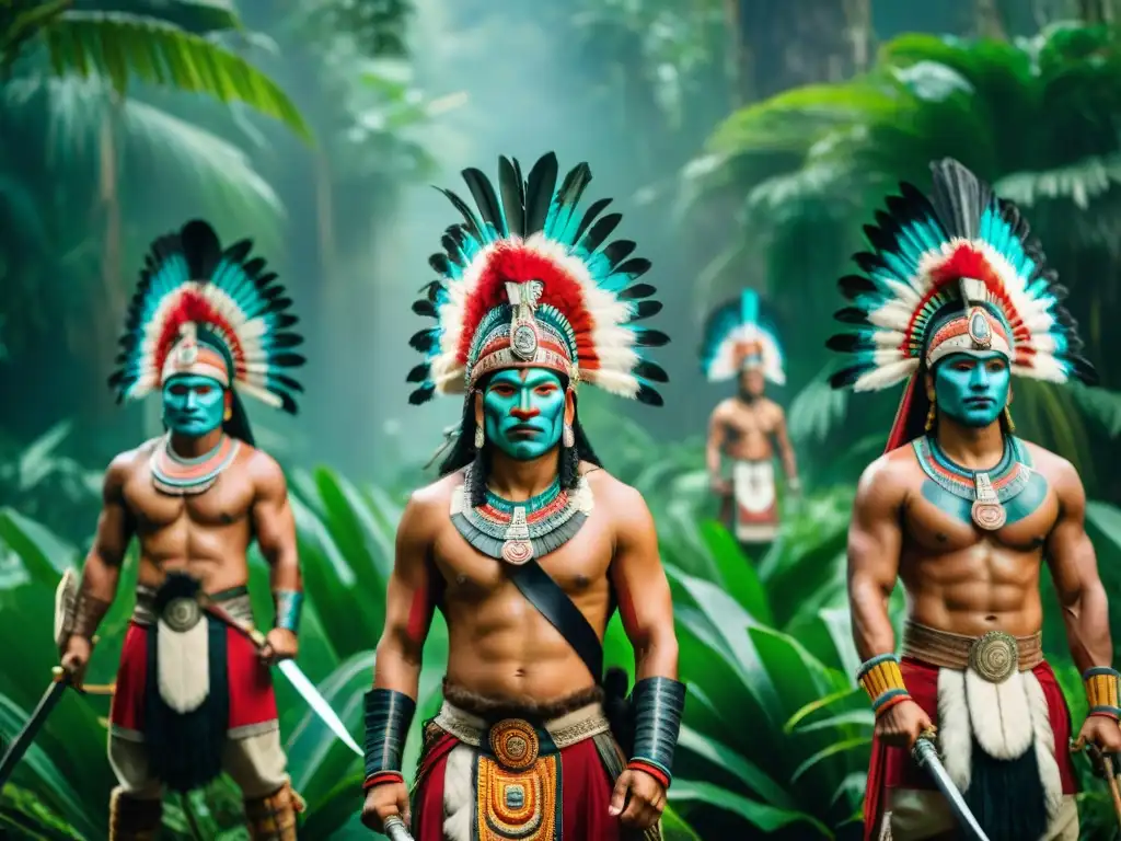 Grupo de guerreros mayas en formación ceremonial con atuendos tradicionales y armas antiguas en la selva