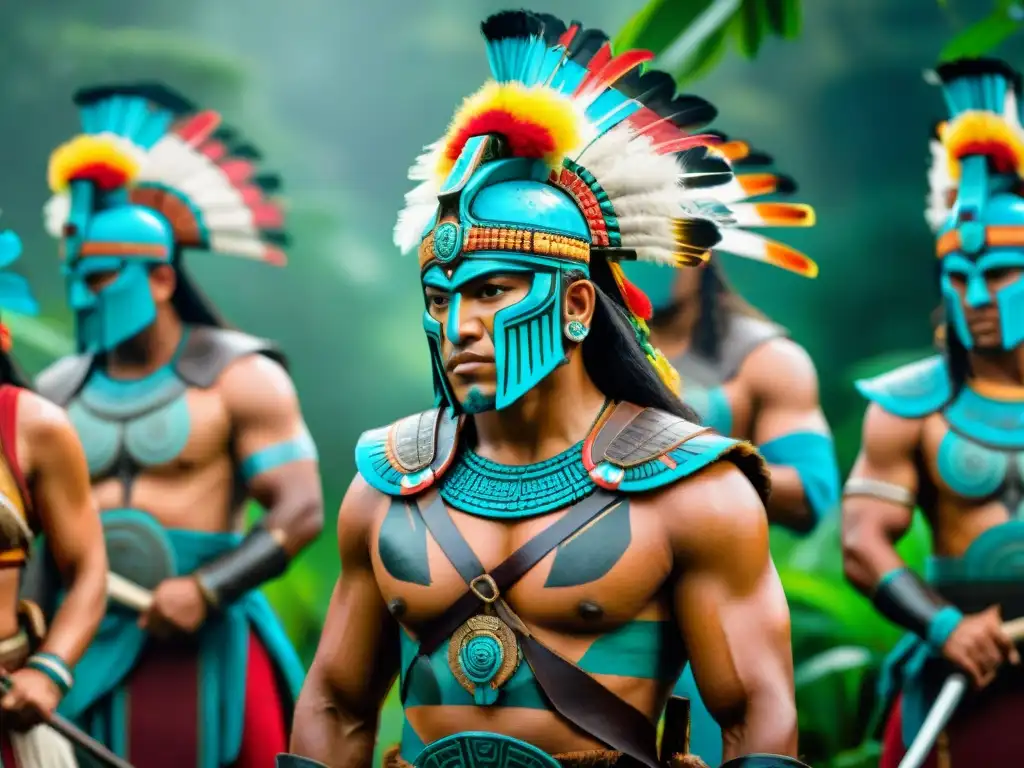 Guerreros mayas en formación estratégica en la jungla Grupo de guerreros mayas en formación estratégica, con intensa determinación y entrenamiento en la jungla