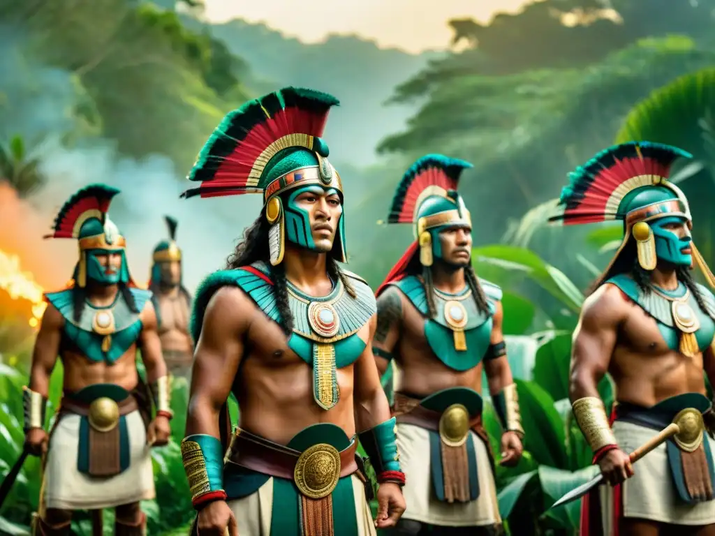 Grupo de guerreros mayas en formación bélica en la jungla, listos para la ceremonia de 'música y danzas mayas bélicas'