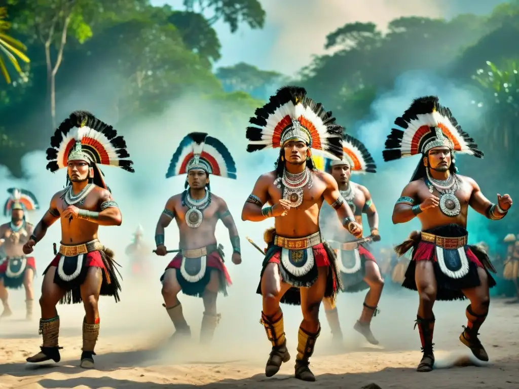 Grupo de guerreros mayas danzando con intensidad bajo el sol, en un escenario selvático y místico