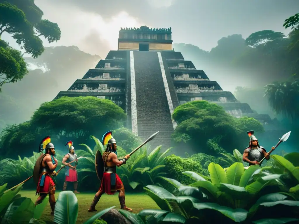 Entrenamiento épico de guerreros mayas en la selva Grupo de guerreros mayas en intenso entrenamiento en la selva, con expresiones de determinación