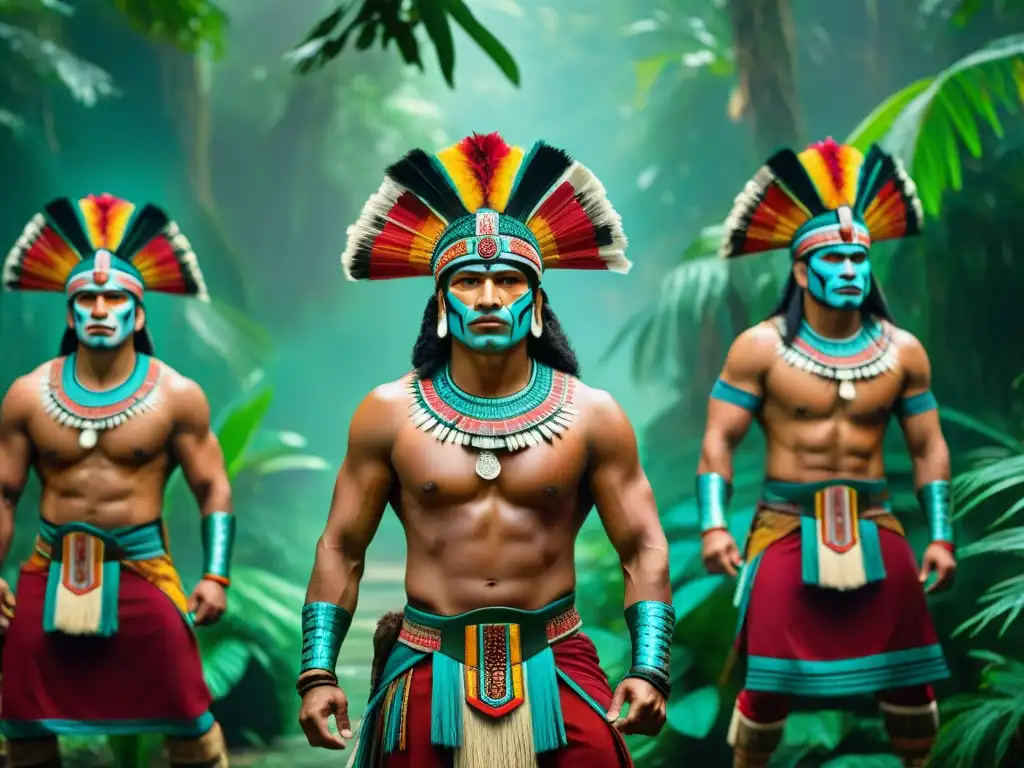 Grupo de guerreros mayas en ritual con atuendos jaguar, danza poderosa en la selva