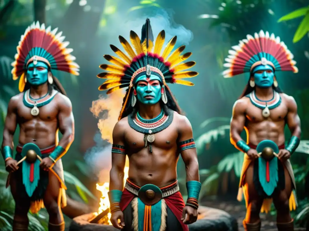 Grupo de guerreros mayas en ritual de guerra, danzando en la selva con tocados de plumas y pintura corporal vibrante