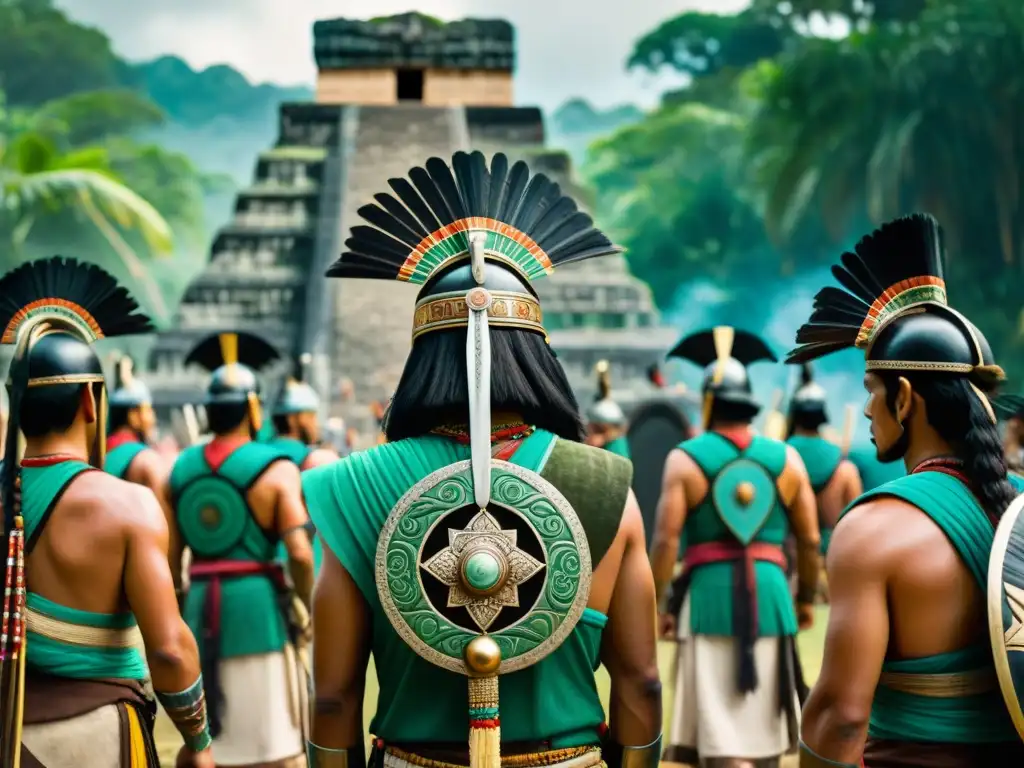 Grupo de guerreros mayas en ritual previo a la batalla, fusionando espiritualidad maya en la guerra